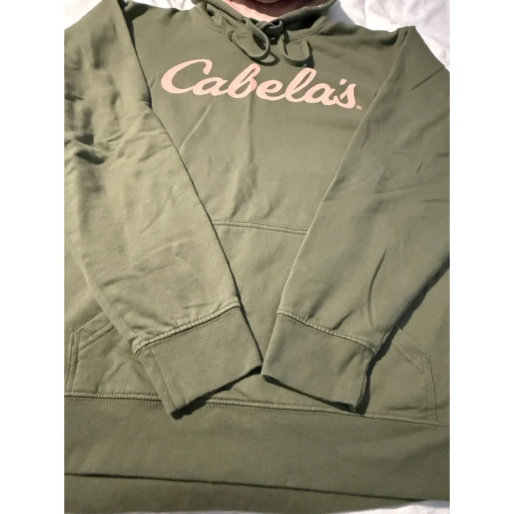 Cabela's Mens 2XL Olive Green Pullover Hoodie Pink Script Logo Fleece Sweatshirt